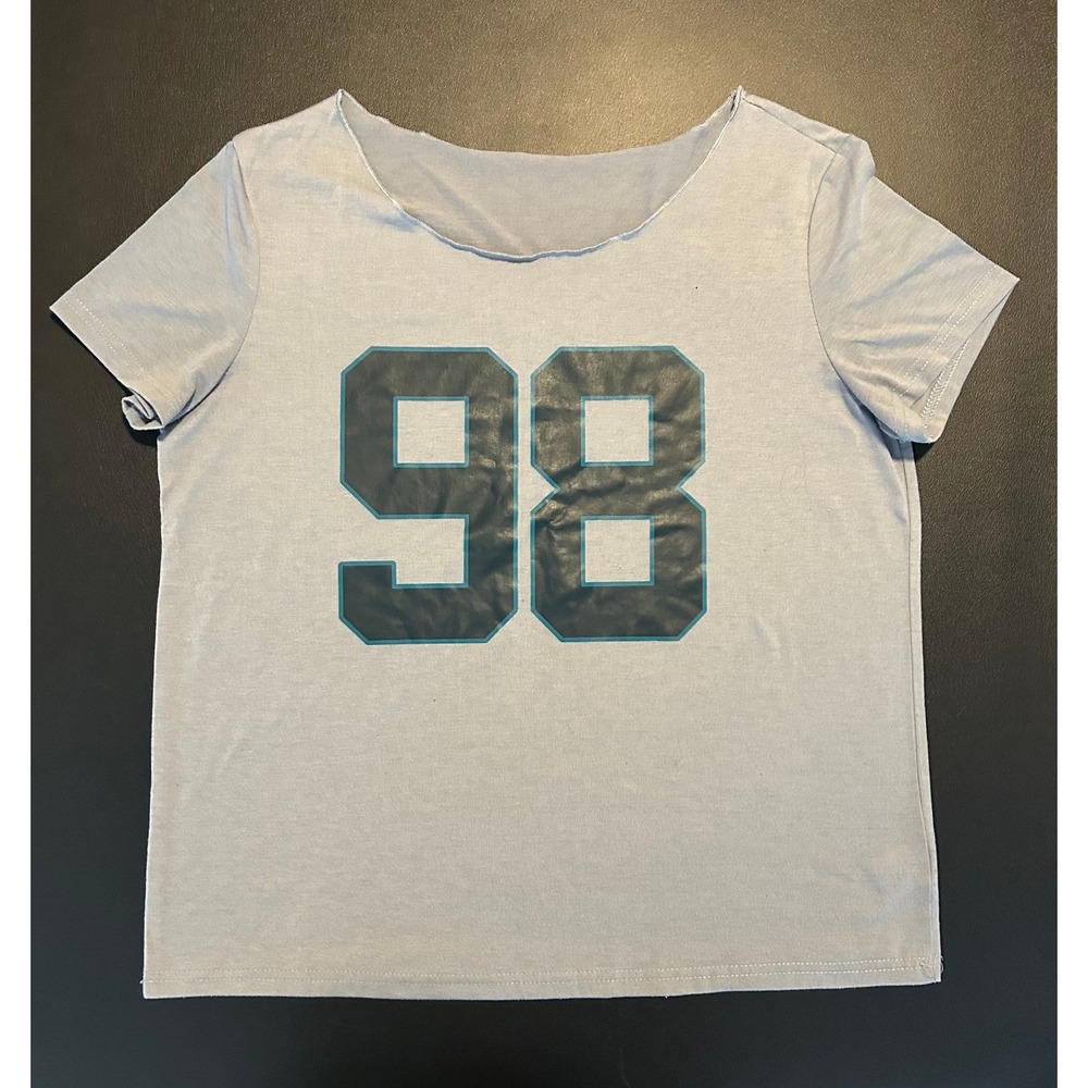 Shein Womens 98 Graphic Tee Light Blue Raw Edge Scoop Neck Size S 1461